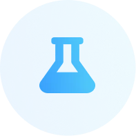 Blue circular icon with a laboratory flask symbol in the center.