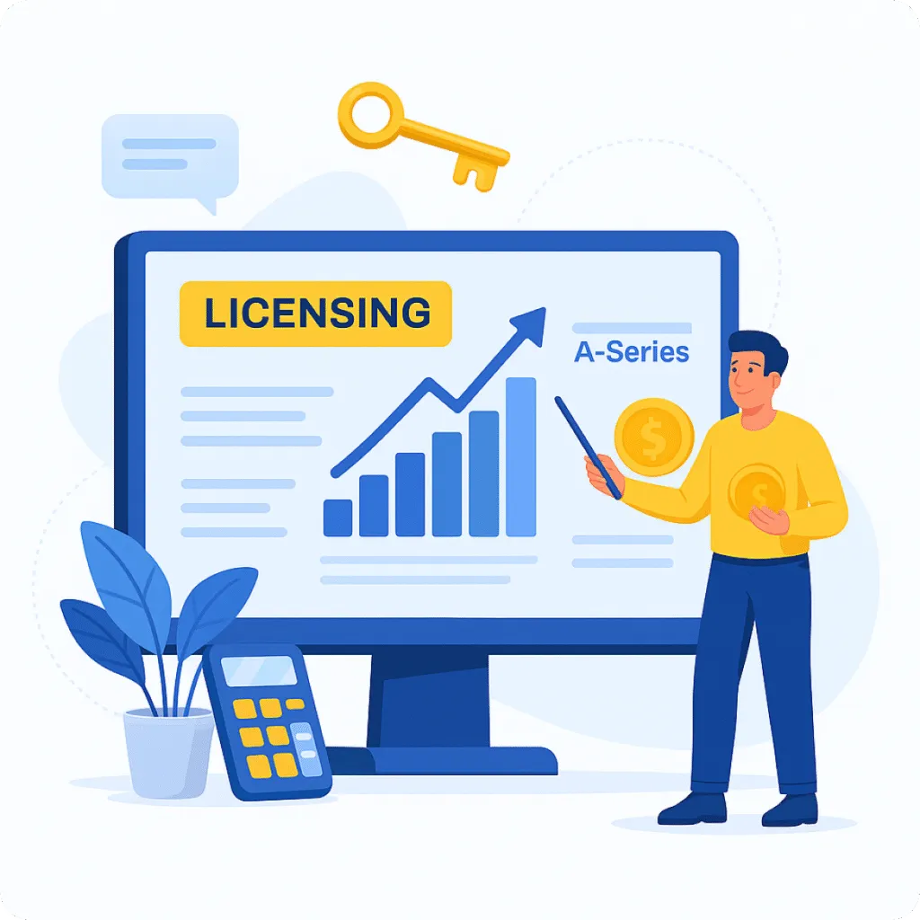 Illustration of a man presenting licensing data on a screen with a rising bar chart labeled A-Series, holding coins, with a calculator and plant beside the screen.