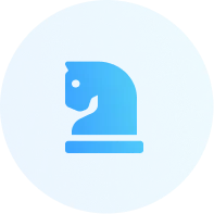 Blue circular icon with a knight chess piece silhouette in the center.