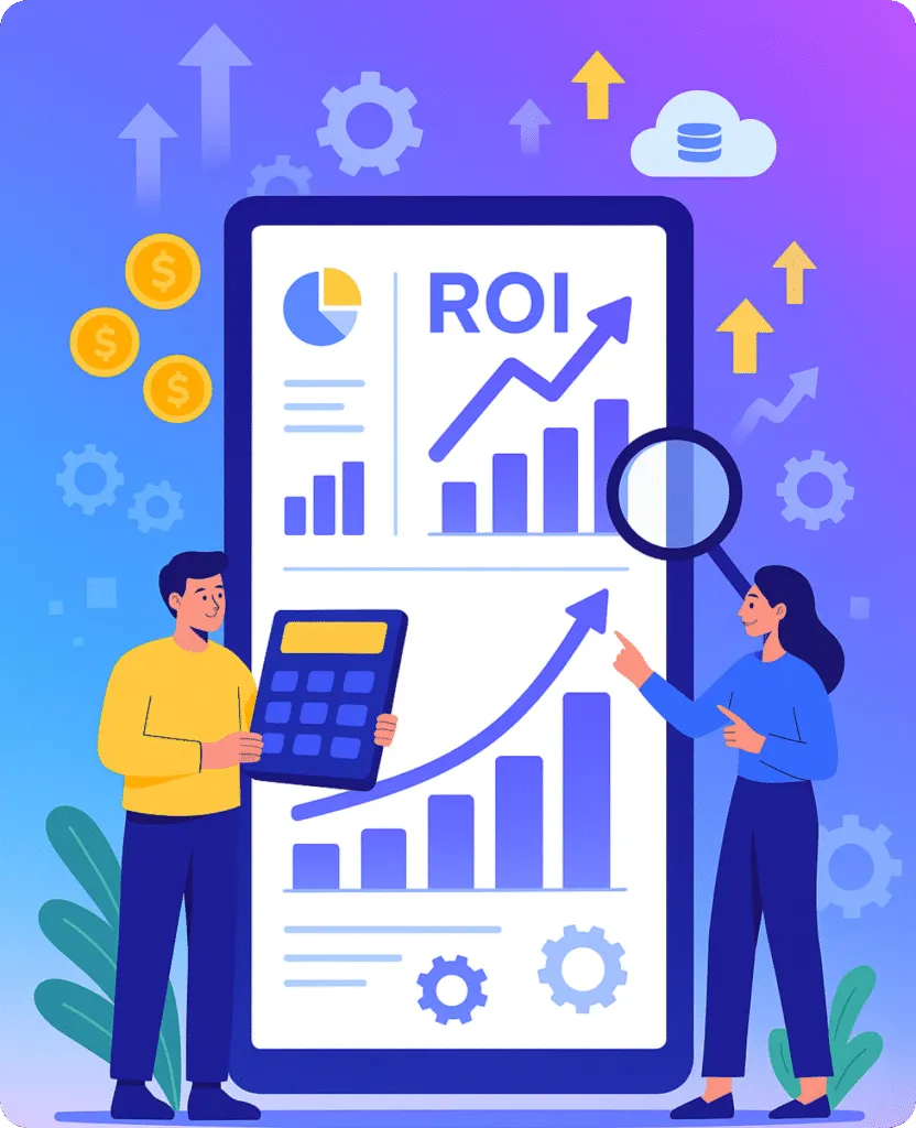 Illustration showing two people analyzing ROI graphs with upward trends, dollar coins, and gear icons in the background.