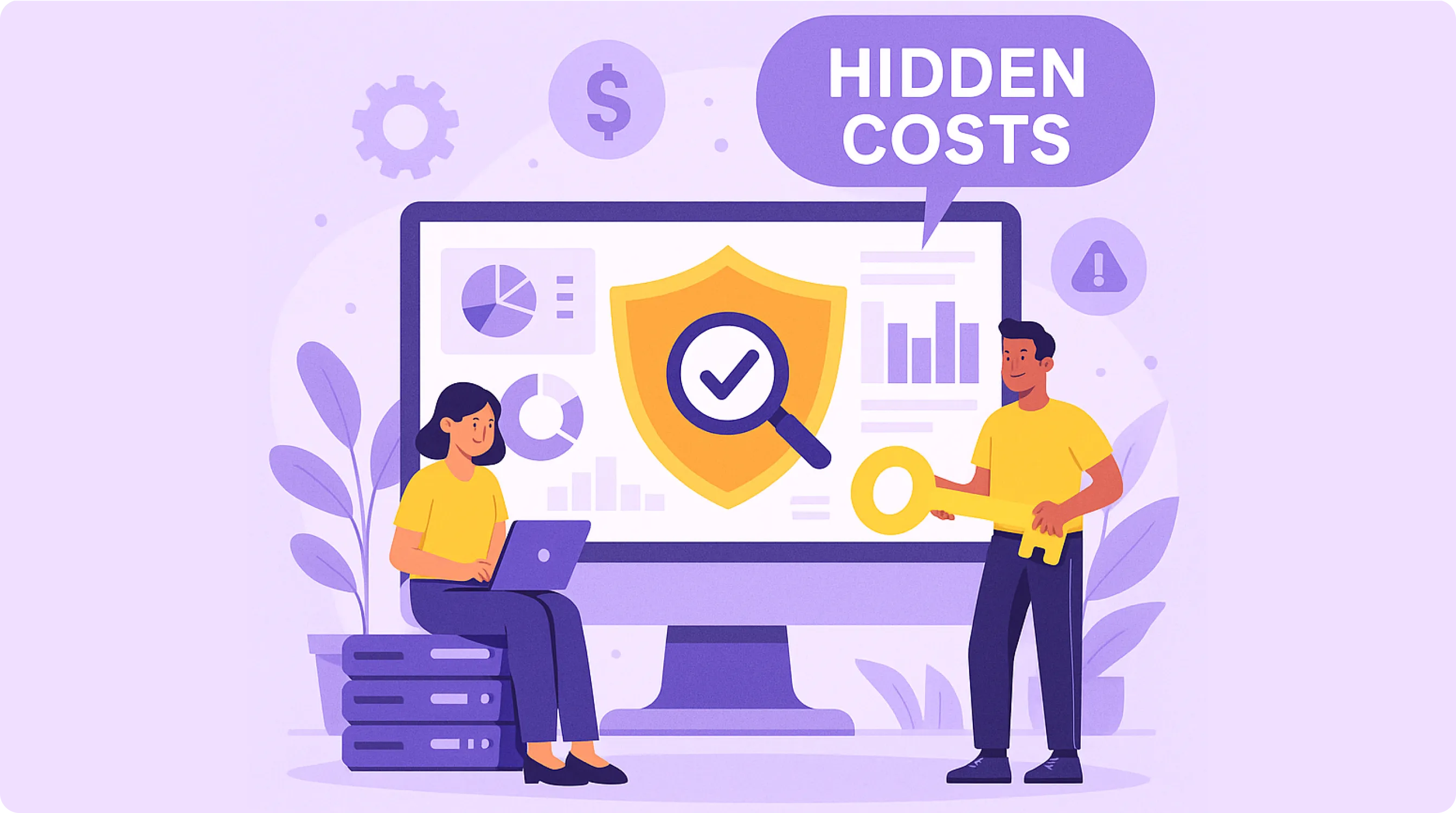 Illustration of a woman working on a laptop sitting on stacked servers and a man holding a large key beside a monitor displaying charts and a shield with a checkmark, with a speech bubble saying 'HIDDEN COSTS'.