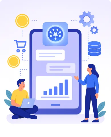 Illustration of a man with a laptop and a woman standing by a large smartphone displaying chat bubbles and a bar chart, surrounded by icons for shopping cart, coins, gears, and data storage.