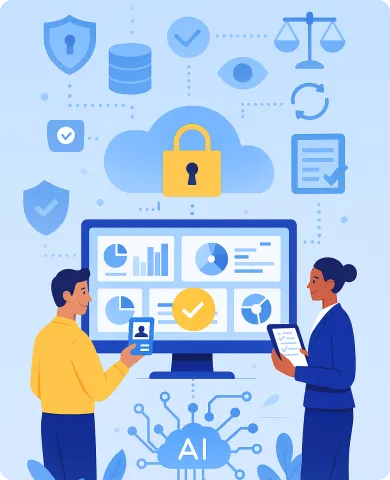 Two people interacting with AI and data security icons around a computer screen displaying charts and graphs, featuring a locked cloud symbol.