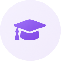 Purple circular icon with a graduation cap symbol in the center.
