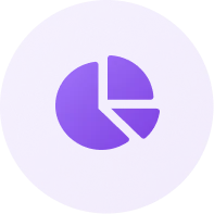 Purple circular icon with a pie chart in the center divided into three segments.