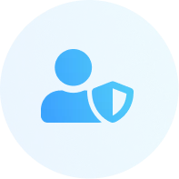 Blue circular icon with a person silhouette and a shield symbol representing user security.