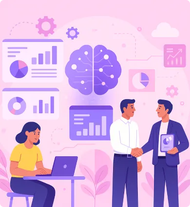 Illustration of a woman working on a laptop and two men shaking hands amid charts and a brain icon symbolizing data and analytics.