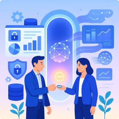 Illustration of a man and woman exchanging a digital key surrounded by data security and analytics icons.