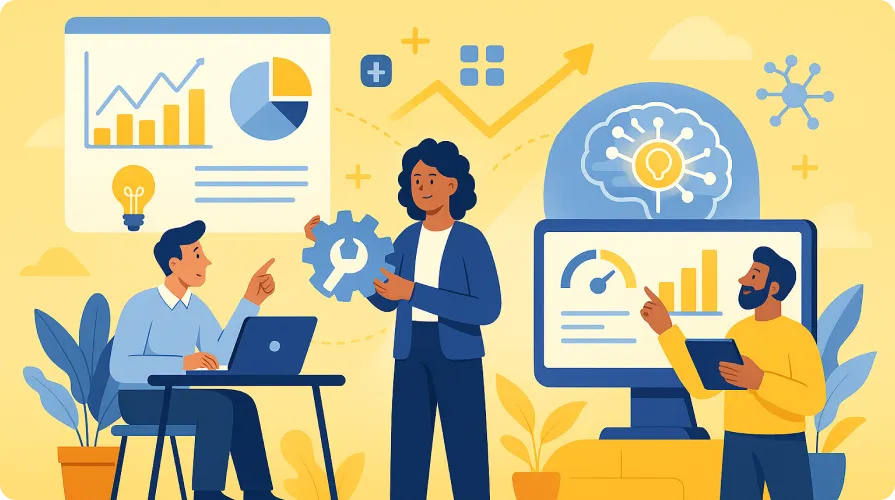 Three professionals collaborating with charts, graphs, and a computer screen displaying analytics and a brain with a lightbulb icon.