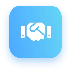 White handshake icon on a rounded blue square background.