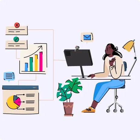 Illustration of a person sitting at a desk working on a computer, surrounded by charts, graphs, and checklists connected by lines.