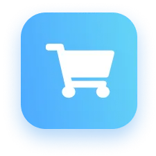 White shopping cart icon on a blue rounded square background.