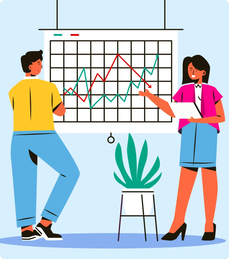 A woman presenting a line graph on a screen to a man who is observing, with a potted plant between them.