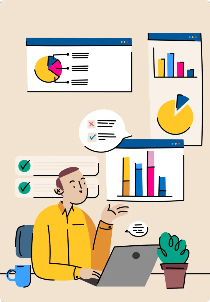 Illustration of a person working on a laptop surrounded by charts, graphs, and checklists representing data analysis and business insights.
