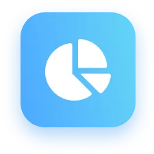 White pie chart icon on a rounded blue square background.