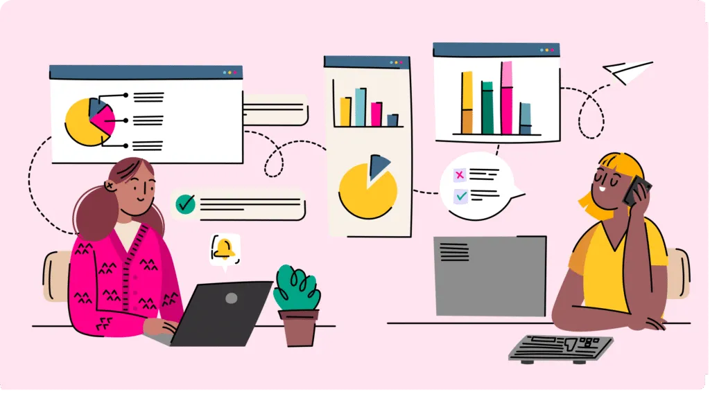 Illustration of two women working with laptops and phones surrounded by charts and graphs representing data analysis and communication.