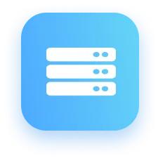 Icon of a white server rack with three horizontal units on a blue rounded square background.