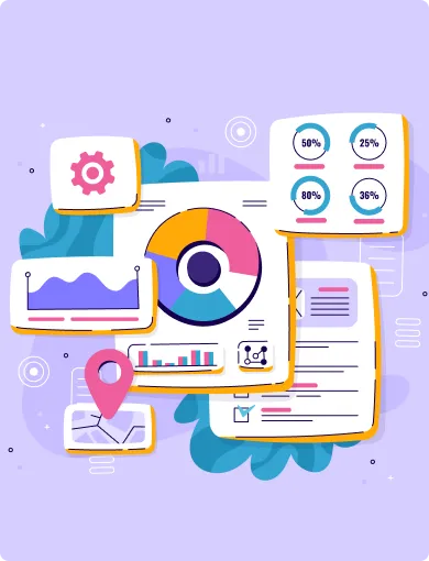 Illustration of various data visualization elements including pie chart, line graph, bar chart, circular progress indicators, location pin on a map, and a settings gear on a purple background.