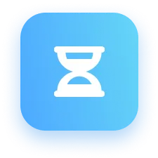 White hourglass icon on a rounded blue square background.