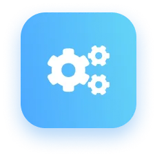 Icon of three white interlocking gears on a blue rounded square background.