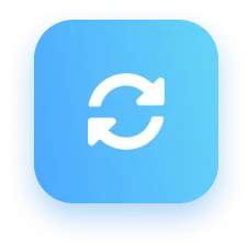 White refresh or sync icon with two circular arrows on a blue rounded square background.