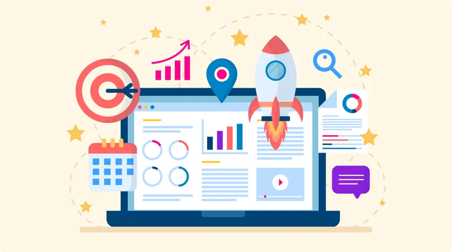 Illustration of a laptop screen displaying data charts and graphs with icons of a rocket, target, calendar, magnifying glass, location pin, document, and chat bubble around it symbolizing analytics and growth.