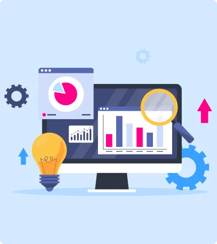 Computer monitor displaying bar and pie charts with a magnifying glass, light bulb, gears, and arrows indicating data analysis and growth.
