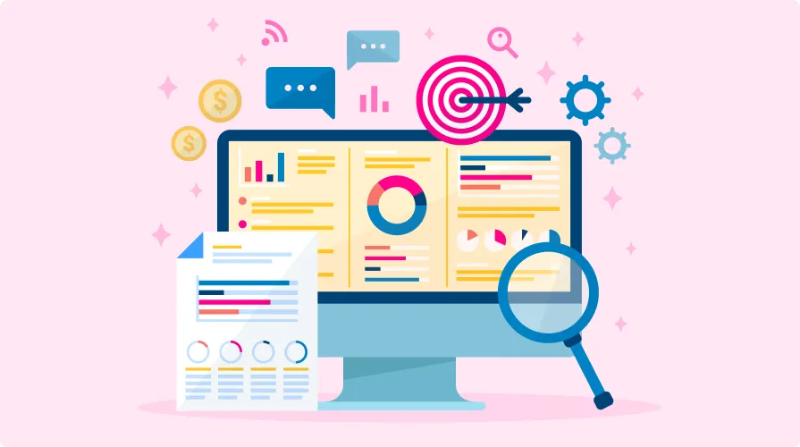 Illustration of a computer monitor displaying charts and graphs with a magnifying glass, document, target, and data icons around it.
