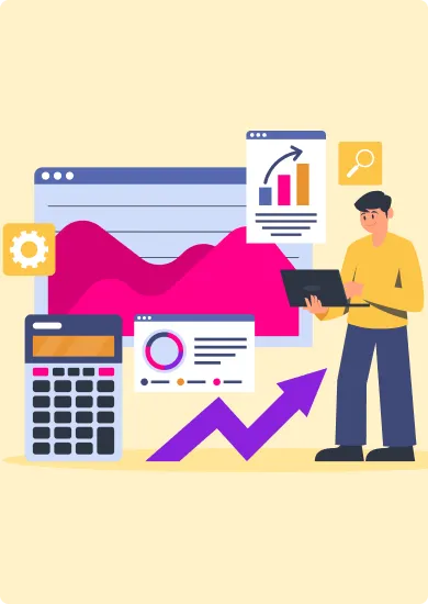 Illustration of a person analyzing charts and data on laptop with graphs, calculator, and gear icon around.