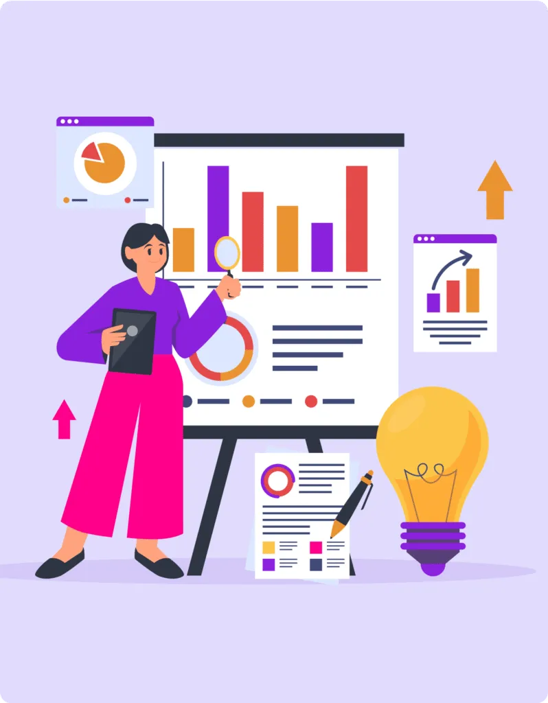Person analyzing colorful bar and pie charts on a presentation board, holding a tablet and magnifying glass with a large lightbulb icon nearby.