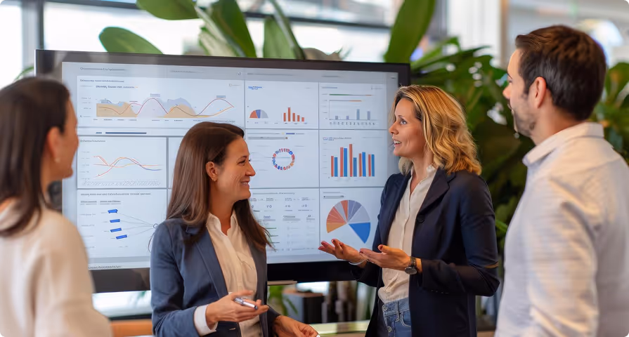 Four professionals discussing data charts displayed on a large monitor in a modern office.