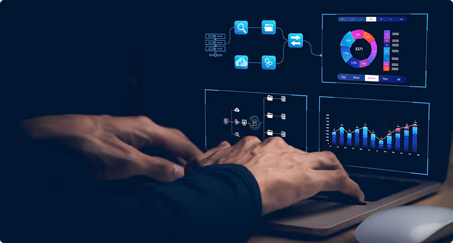 Person typing on a laptop with digital financial charts and data flow diagrams overlaid above the keyboard.
