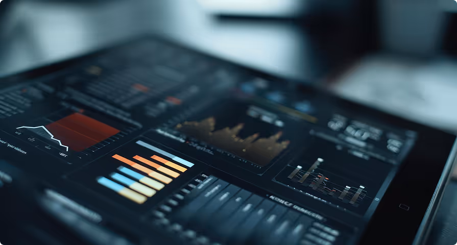Close-up of a tablet screen displaying various colorful financial and data charts and graphs in a dark-themed interface.