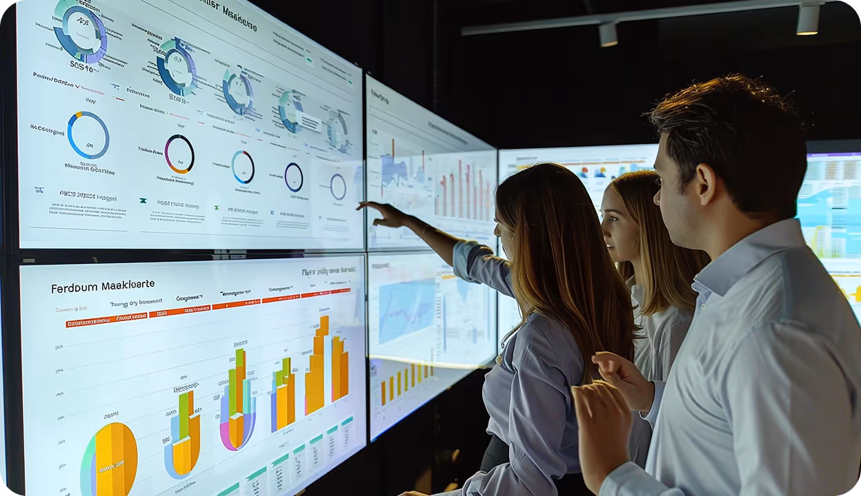 Three people analyzing colorful data charts and graphs on large digital screens in a dark room.