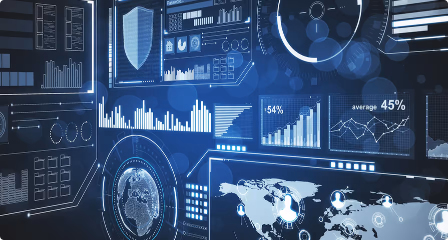 Digital security interface with charts, graphs, shield icon, and world maps in blue tones.