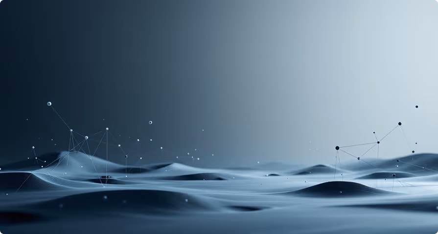 Abstract digital landscape with smooth waves and connected nodes on a gradient background.