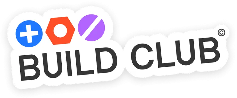 Build Club logo with stylized blue plus sign, orange hex nut, and purple diagonal slash symbols above the words 'BUILD CLUB'.