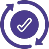 Purple circular arrows surrounding a circle with a checkmark inside, symbolizing refresh or update with confirmation.