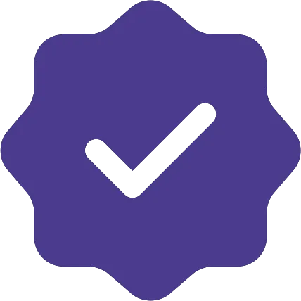 Purple verification badge with a checkmark in the center.