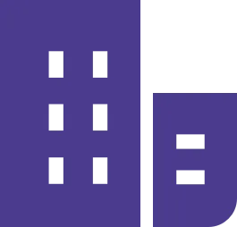 Minimalist purple building silhouette with black rectangular windows on a black background.