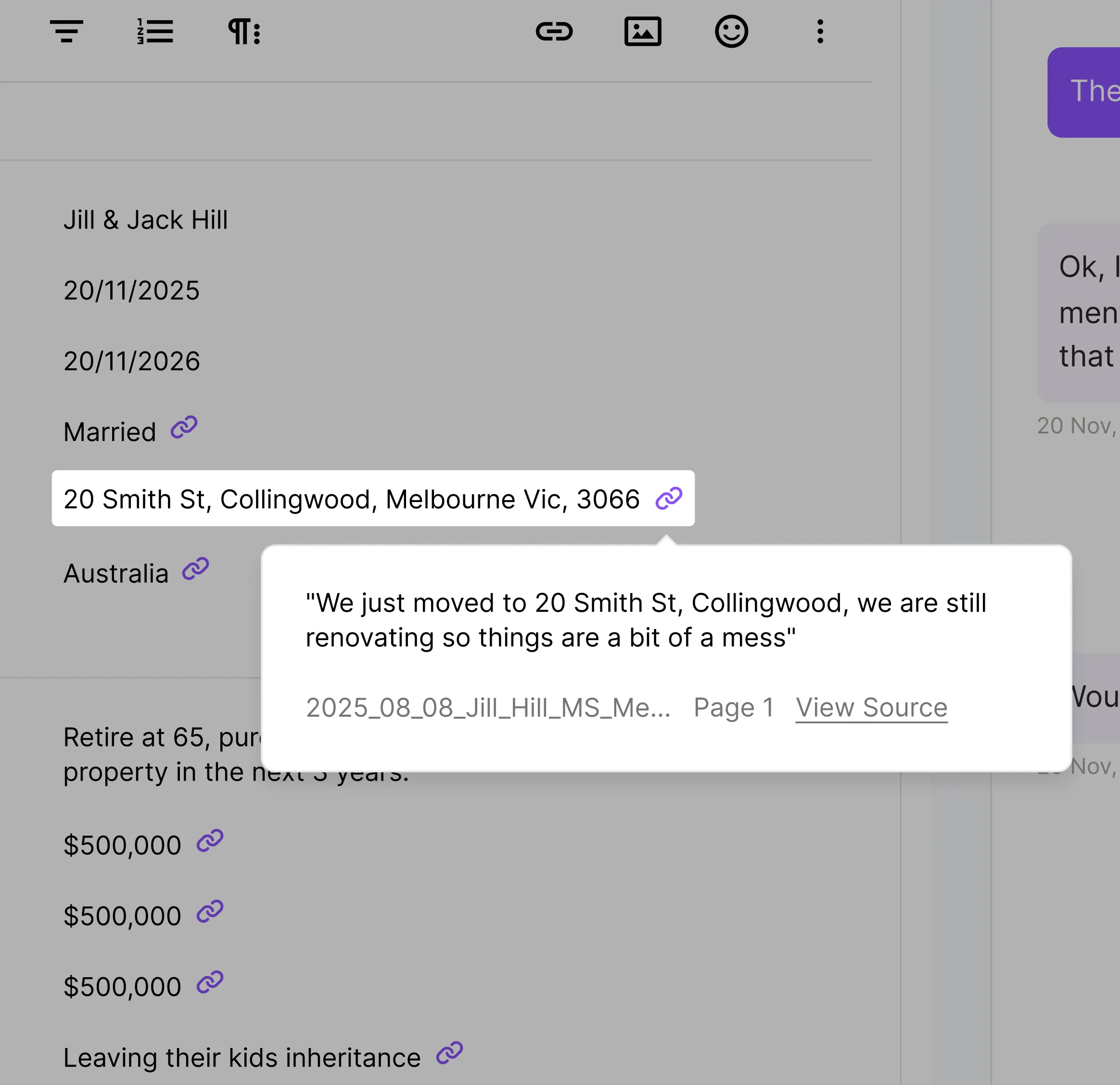 Screenshot showing contact details and notes about Jill & Jack Hill, including their address at 20 Smith St, Collingwood, Melbourne Vic, with a tooltip saying they just moved in and are renovating.