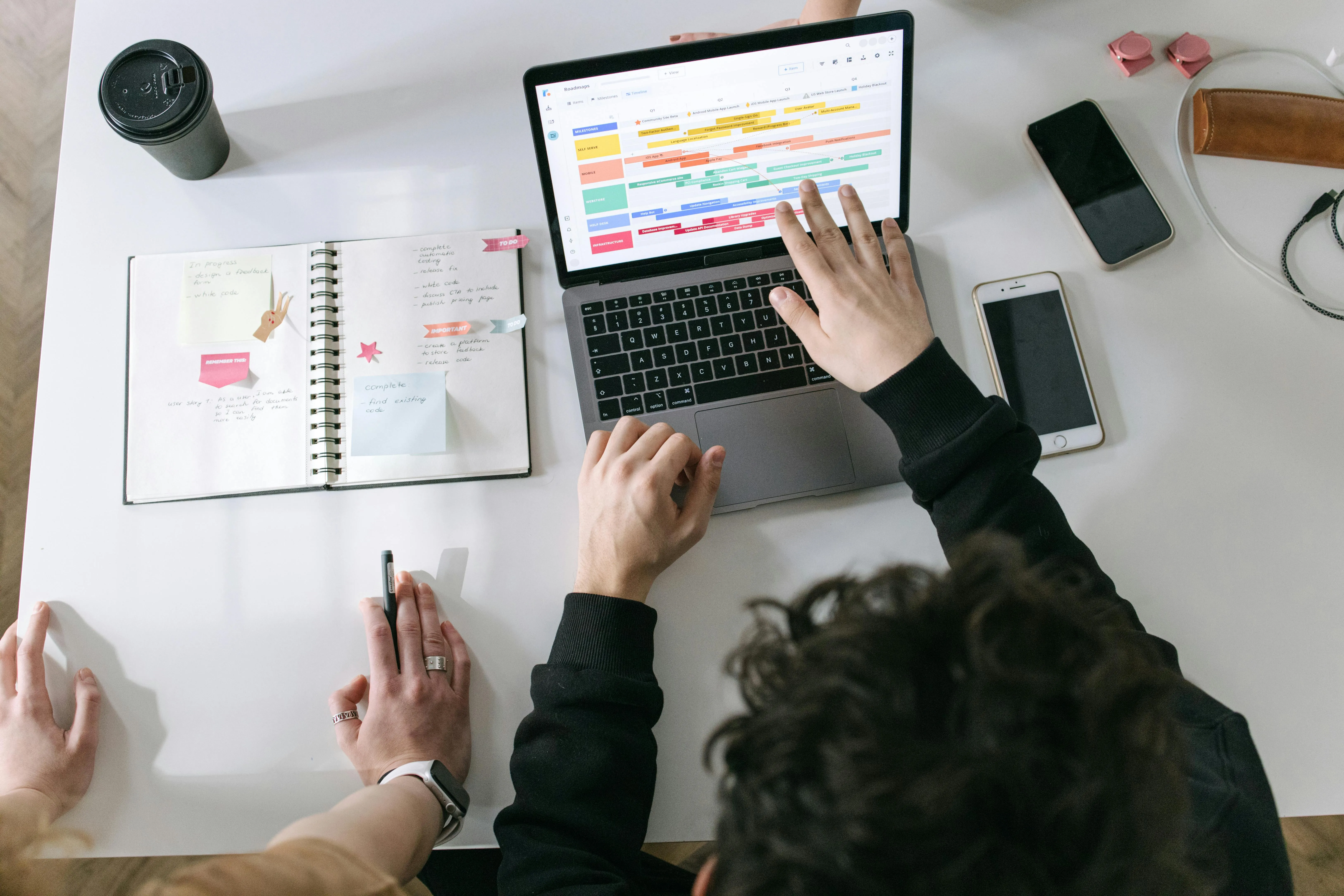 Two people working at a white desk with a laptop displaying a colorful project timeline, an open notebook with sticky notes, two smartphones, and a coffee cup.