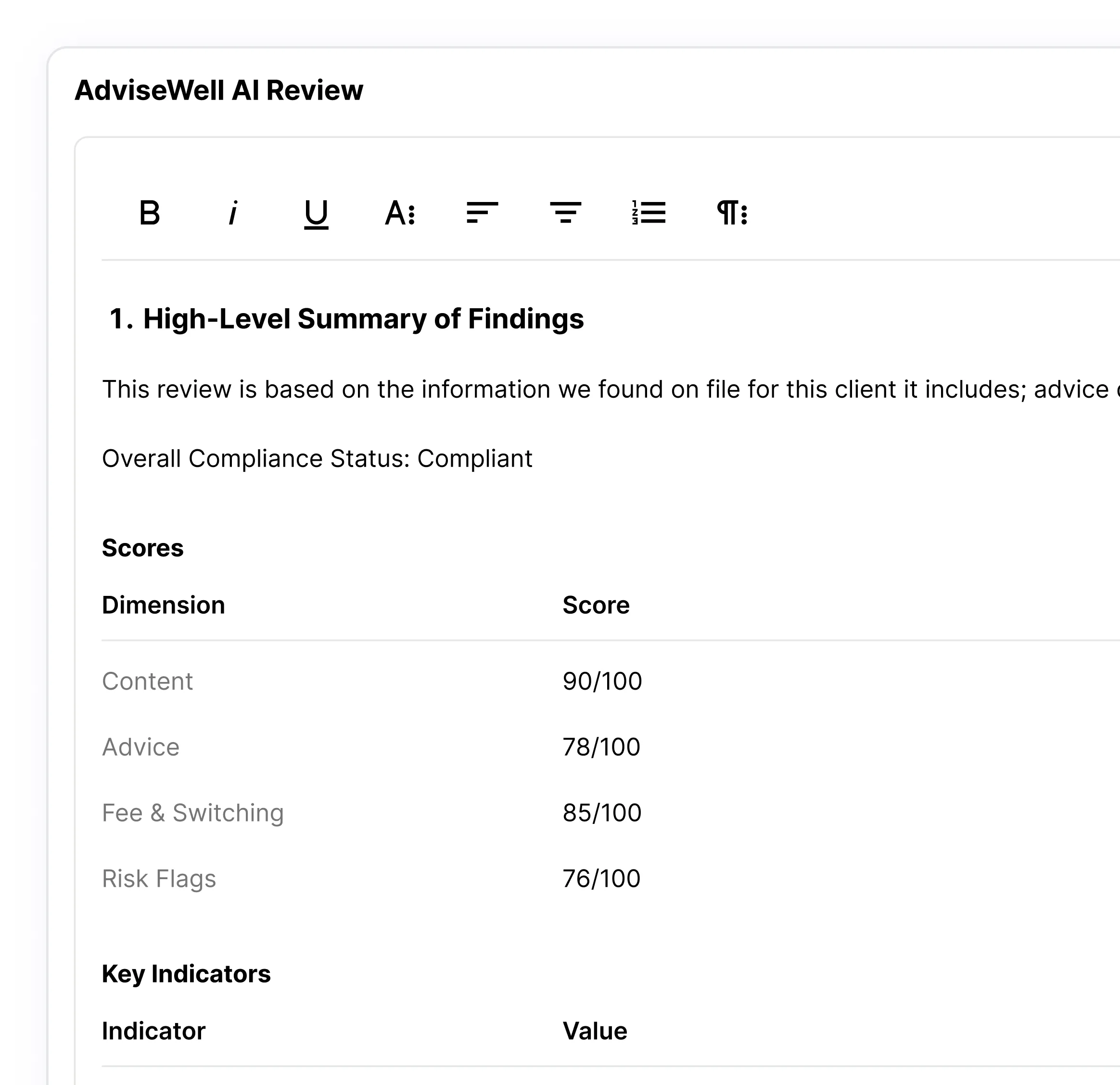 Partial screenshot of AdviseWell AI Review showing high-level summary including compliance status as compliant and scores for content, advice, fee & switching, and risk flags.