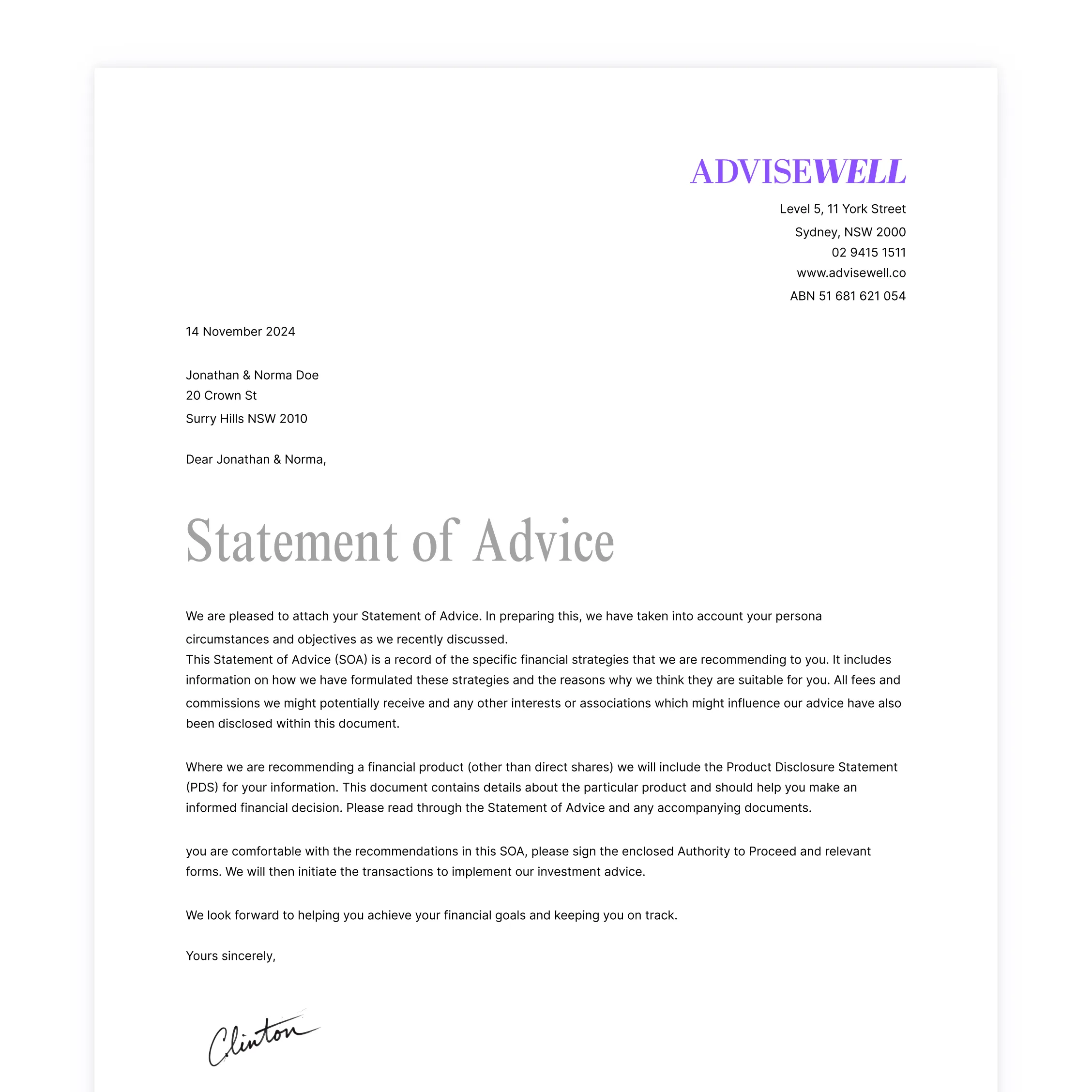 Letter from AdviseWell dated 14 November 2024, addressed to Jonathan & Norma Doe, titled Statement of Advice, detailing financial strategy recommendations and next steps, signed by Clinton.