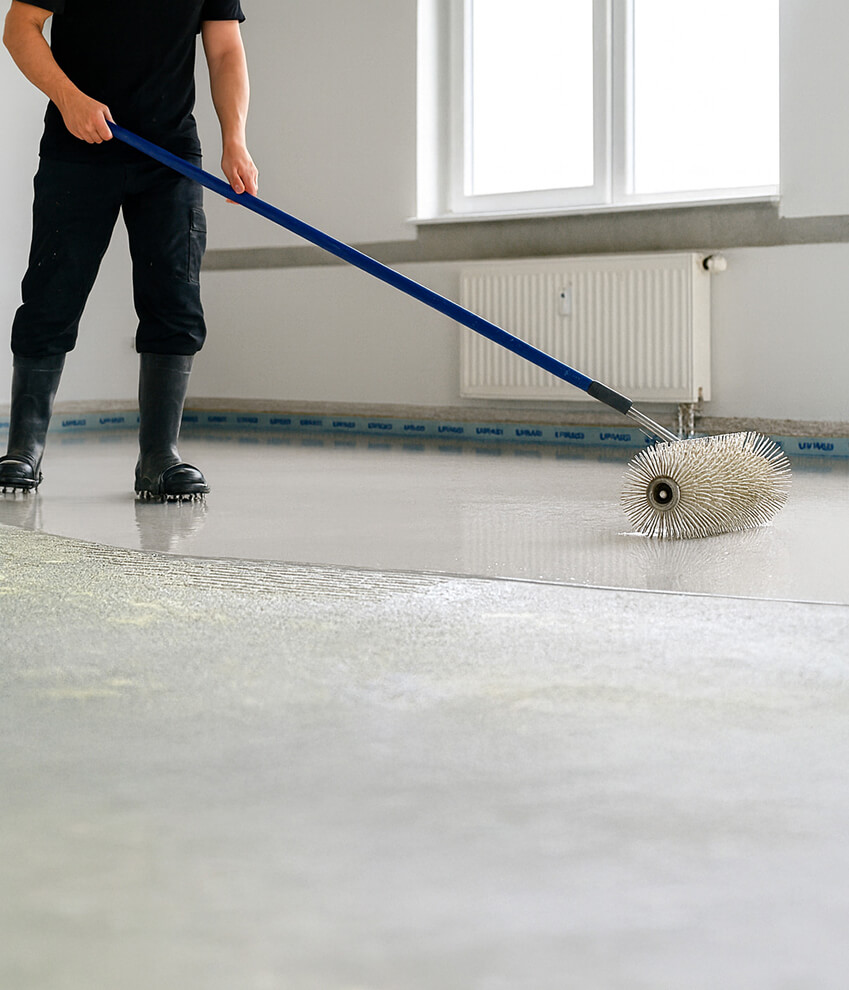 Person zieht mit einer Zahnrolle über einen glatten, frischen Mikrozement-Boden in einem Raum mit Fenster und Heizkörper.