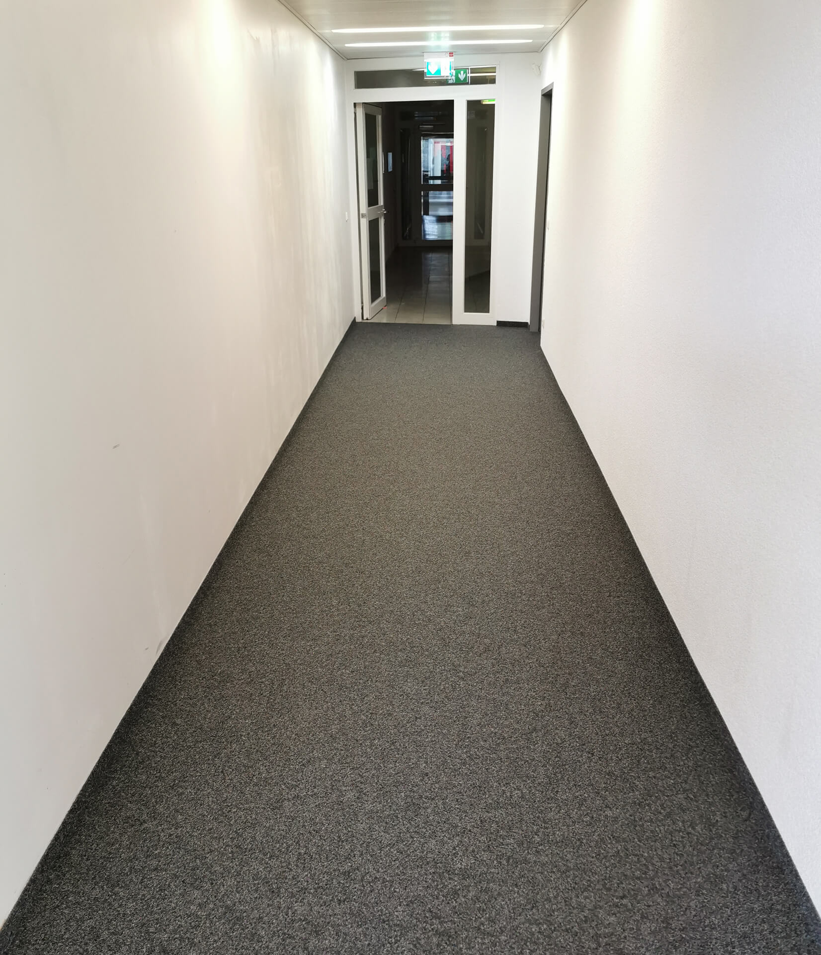 Hell beleuchteter Flur mit grauem Teppichboden und geöffneten Glastüren am Ende.