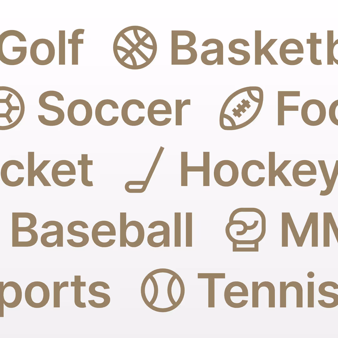 Text listing sports with corresponding icons including golf, basketball, soccer, football, hockey, baseball, MMA, and tennis.