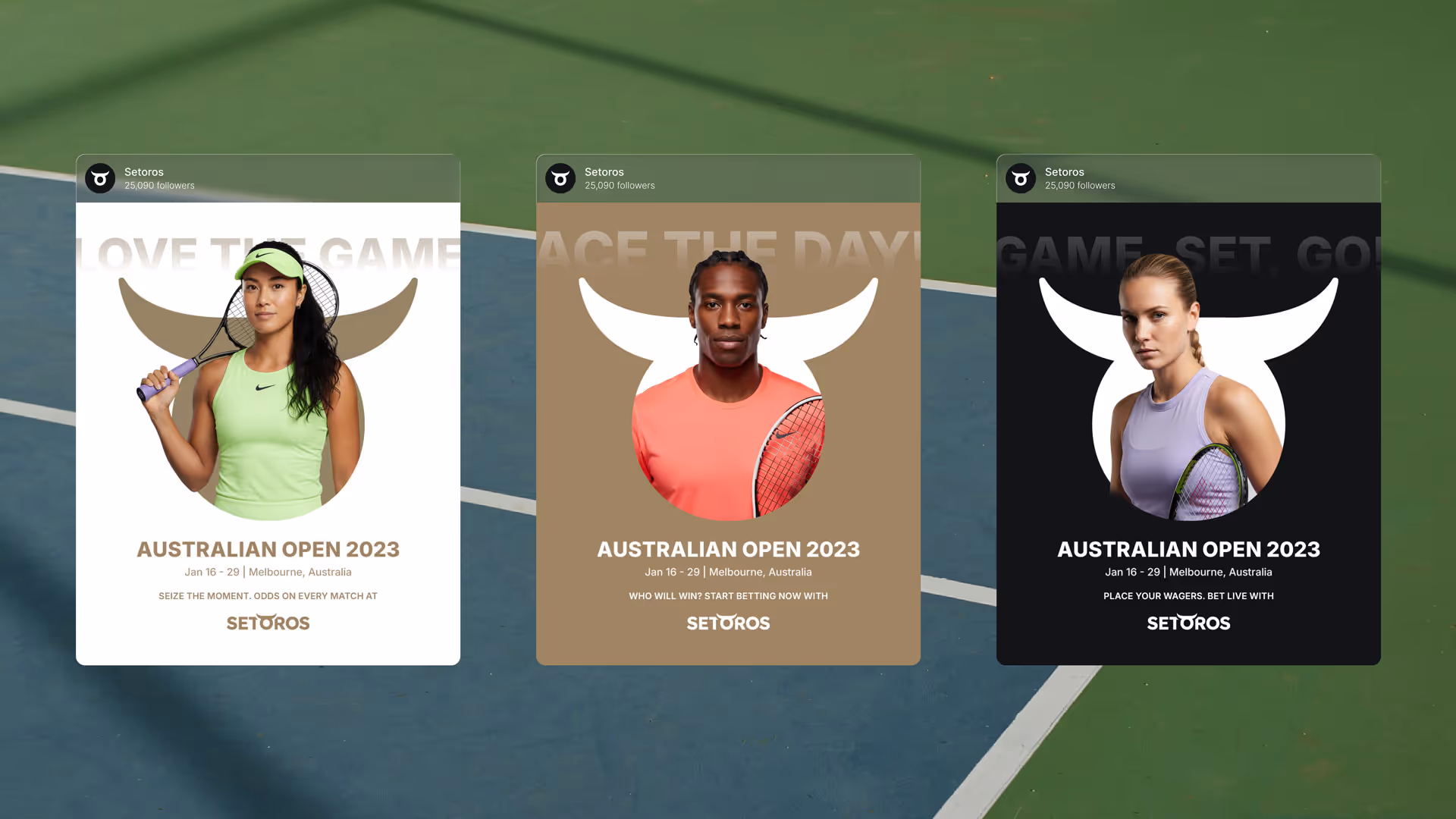 Three Australian Open 2023 social media posts showing tennis players holding rackets with Setoros branding.