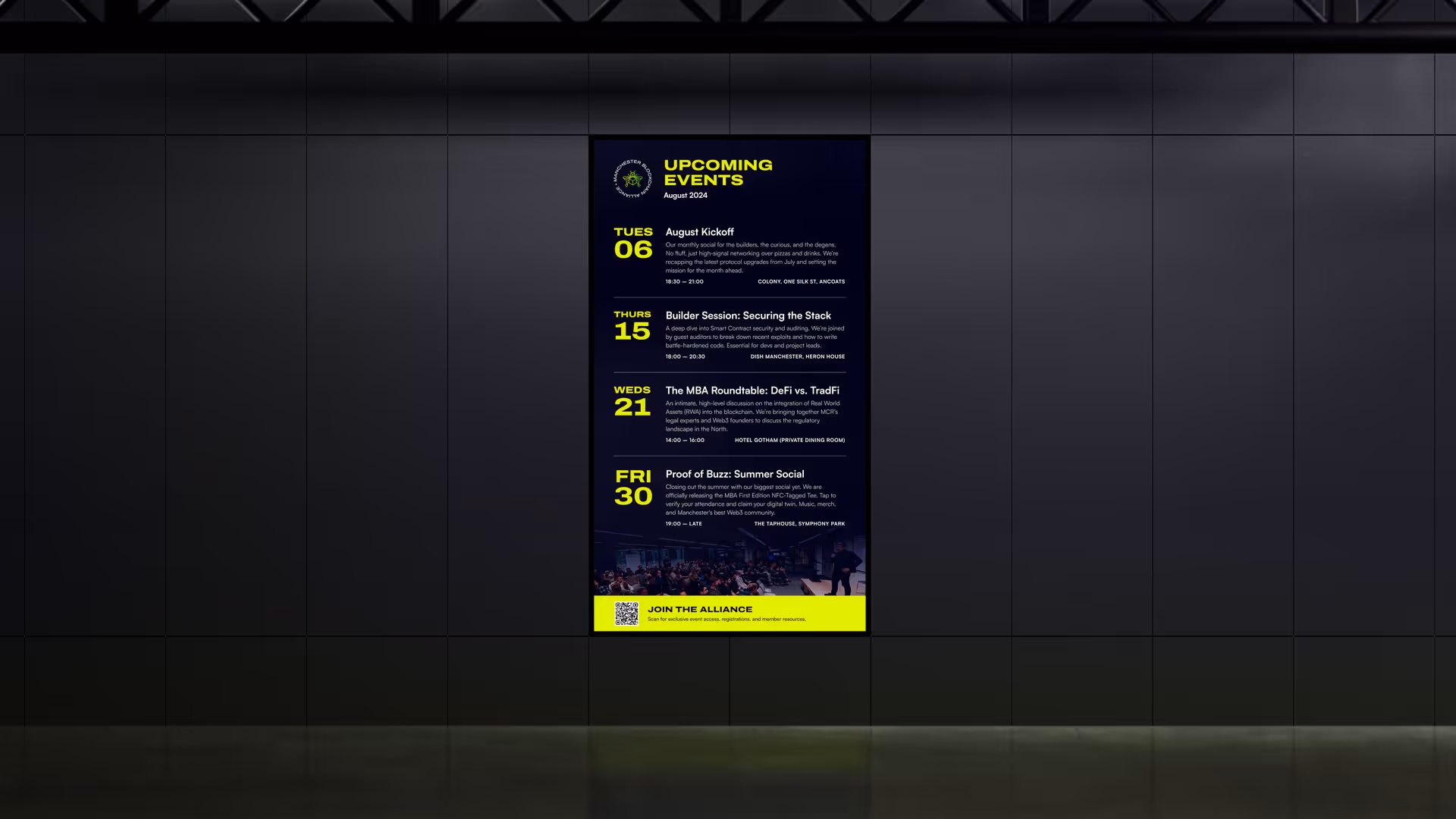 Poster displaying upcoming events in August 2024 with dates, event titles, descriptions, times, and locations on a dark background with yellow highlights.