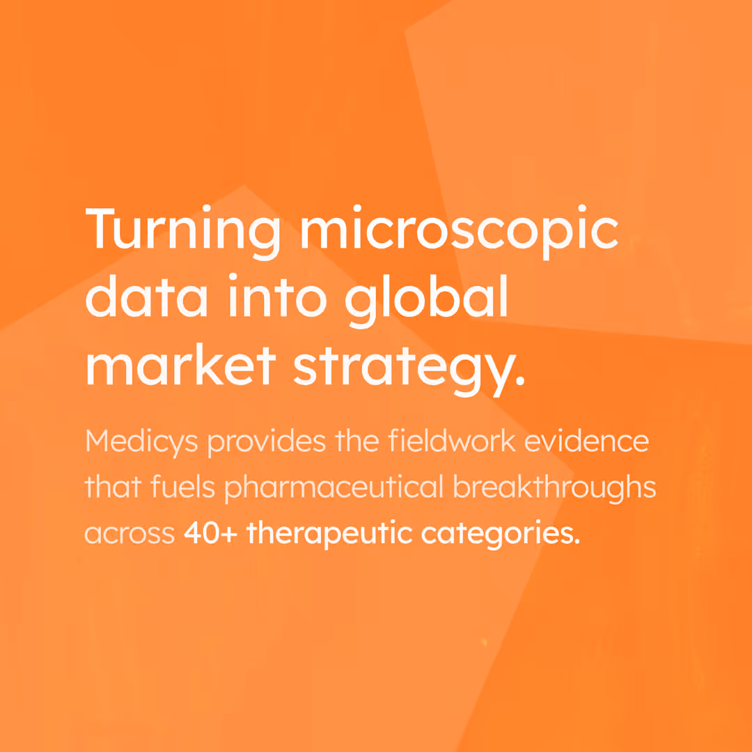 Text on orange background reading: 'Turning microscopic data into global market strategy. Medicys provides the fieldwork evidence that fuels pharmaceutical breakthroughs across 40+ therapeutic categories.'